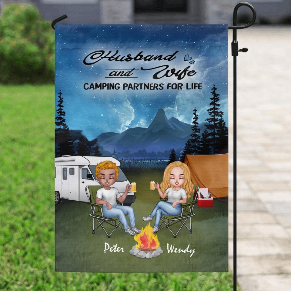 Personalized Night Camping Chibi Flag Sign - Couple With Up to 3 Dogs - Gift Idea For Dog/Camping Lover/Couple - Husband And Wife Camping Partners For Life