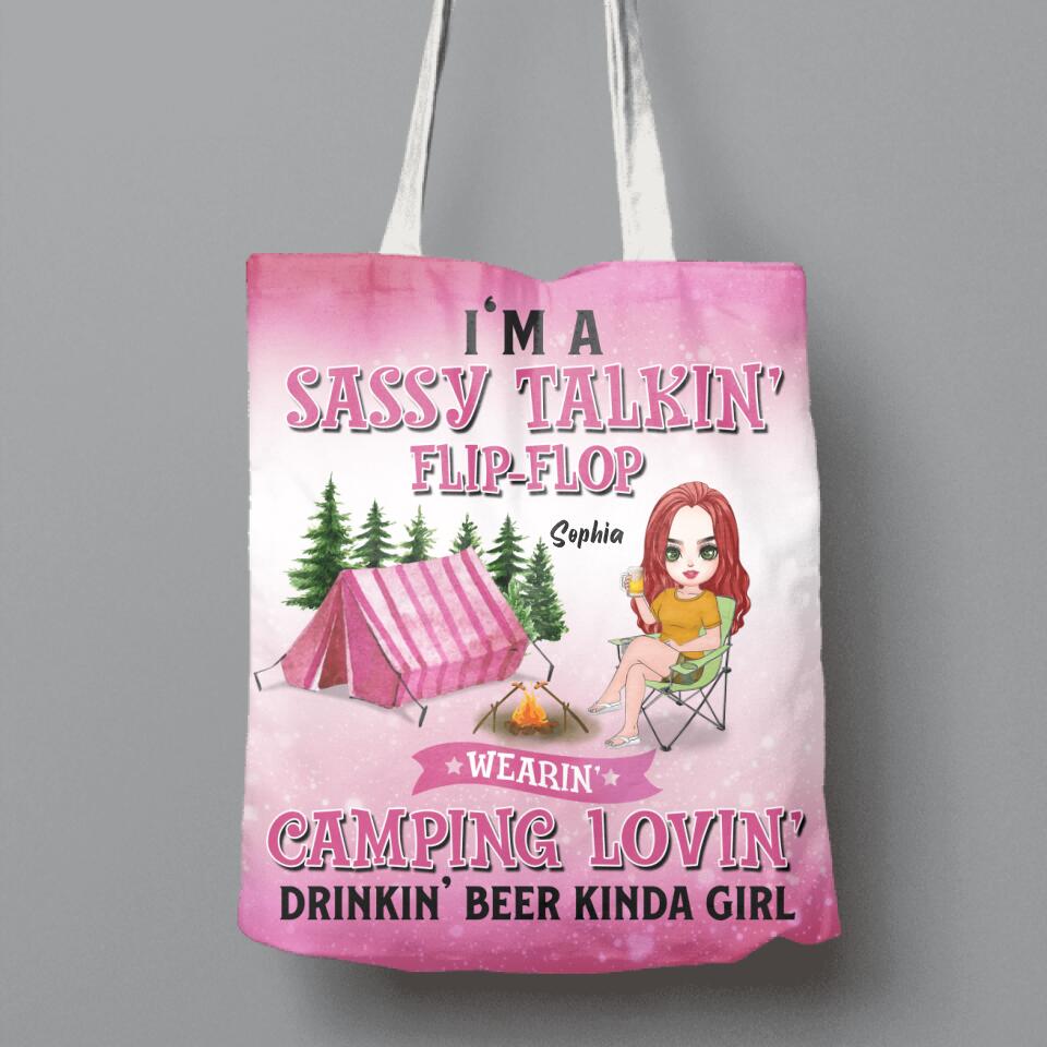 Personalized Camping Girl Canvas Bag - Gift Idea For Camping Lovers - I'm A Sassy Talkin' Flip - Flop Camping Lovin' Drinkin' Beer Kinda Girl