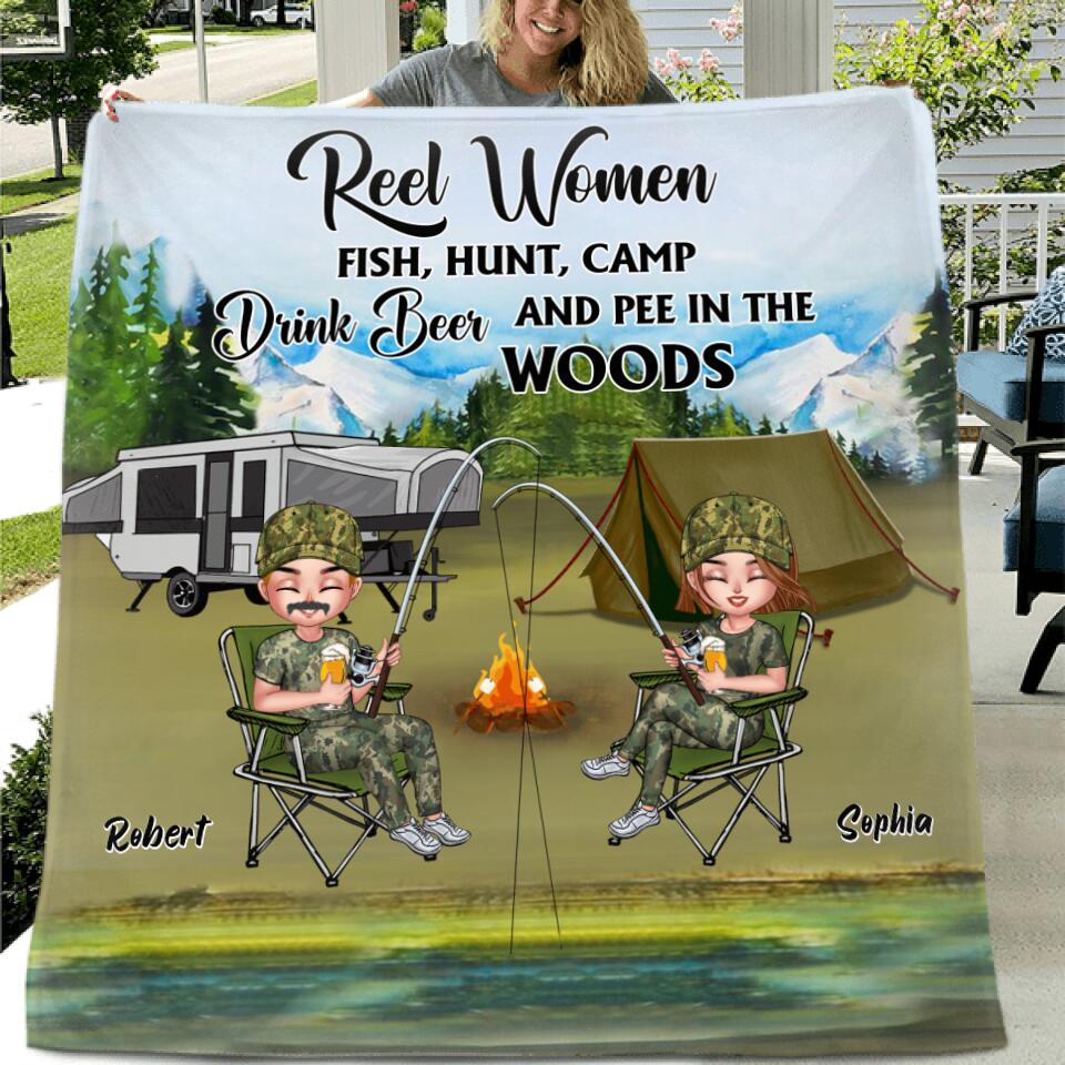 Personalized Fishing Pillow Cover/Fleece Throw Blanket/Quilt - Best Gift For Fishing Lovers - Reel Women Fish, Hunt, Camp, Drink Beer And Pee In The Woods