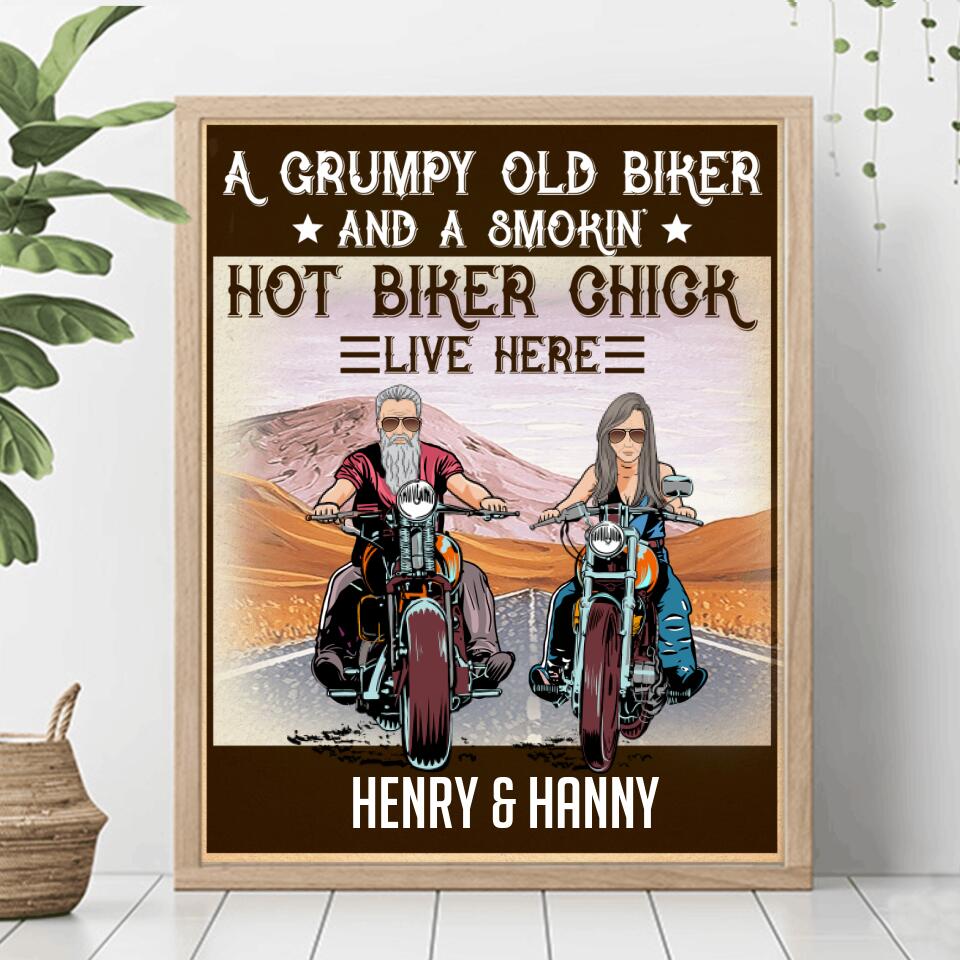 Personalized Couple Biker Vertical Poster - Gift Idea For Couple - A Grumpy Old Biker And A Smokin' Hot Biker Chick Live Here