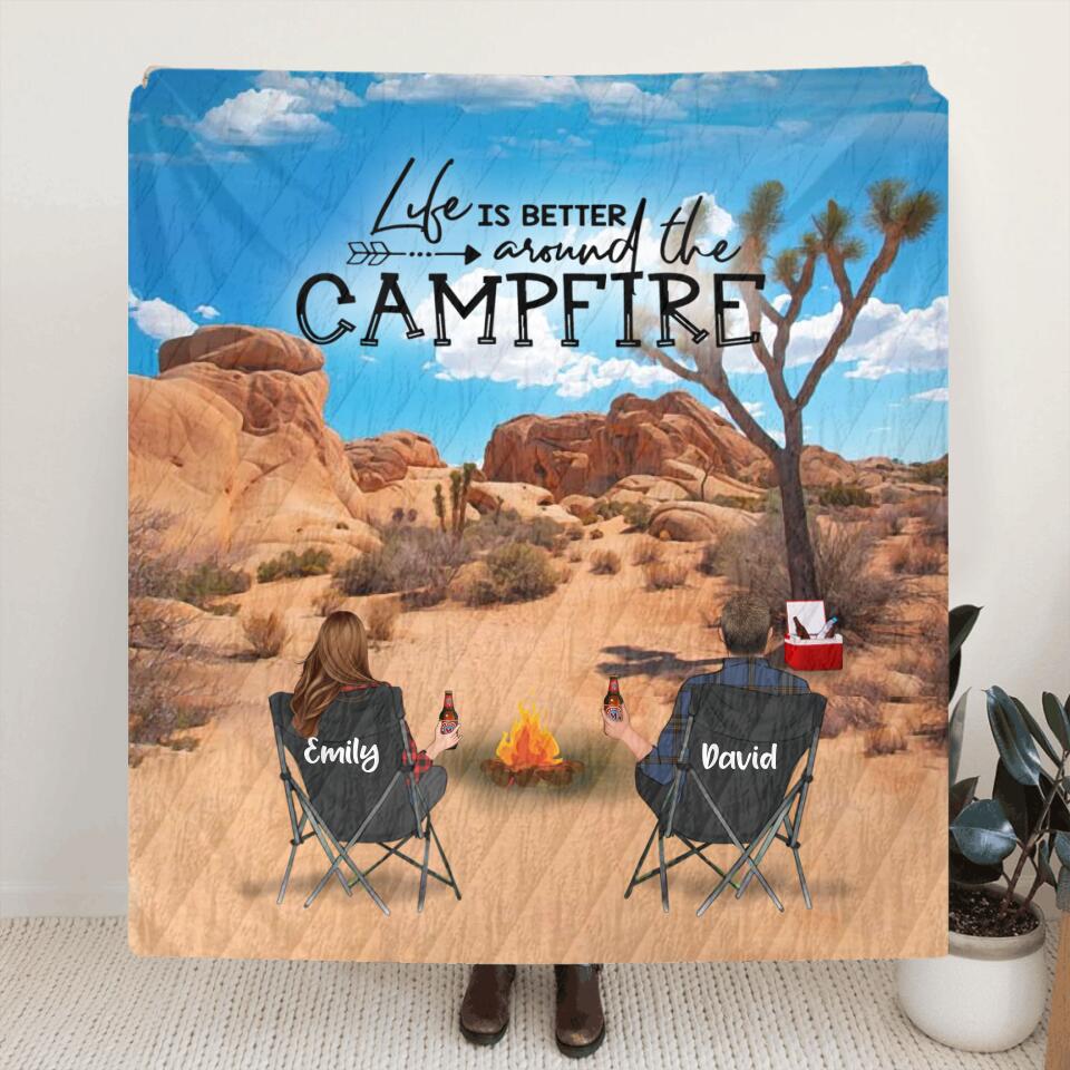Personalized Joshua Tree Camping Fleece/Quilt Blanket - Adult/Couple/Parents With Up to 3 Kids And 3 Pets - Gift Idea For Family/Camping Lover - Life Is Better Around The Campfire