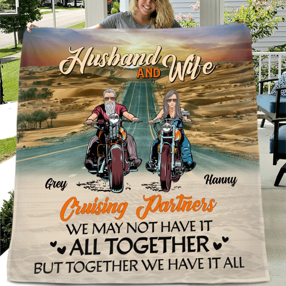 Personalized Biker Couple Fleece Throw Blanket/Quilt - Gift Idea From Old Biker To Wife - Husband & Wife Cruising Partners