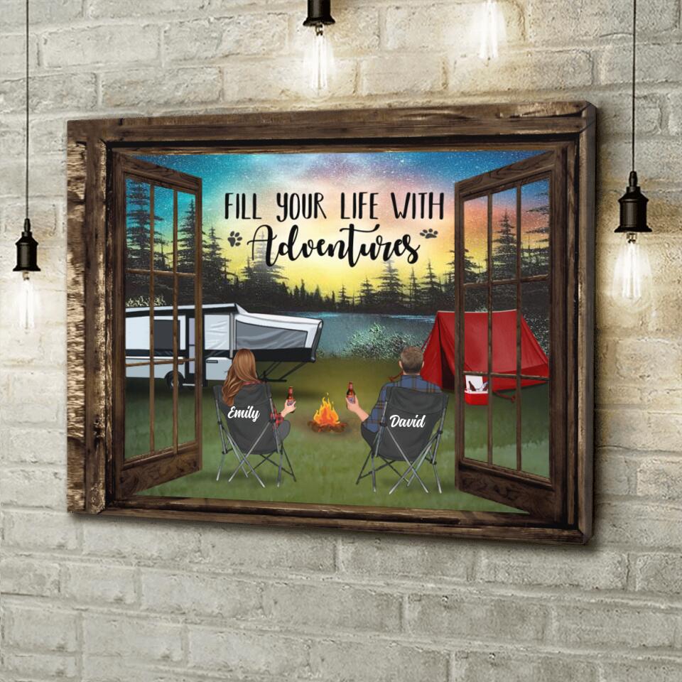 Personalized Night Camping Canvas - Gift Idea For The Whole Family/Couple/Camping Lover - Parents/Couple/Adult With Up to 3 Kids And 4 Pets - Fill Your Life With Adventures