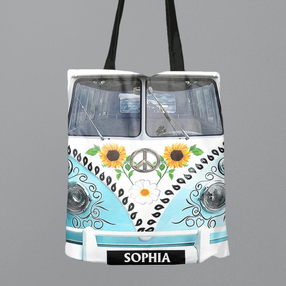Custom Personalized Sunflower Peace Bus Canvas Bag - Best Gift Idea For Bus Lovers