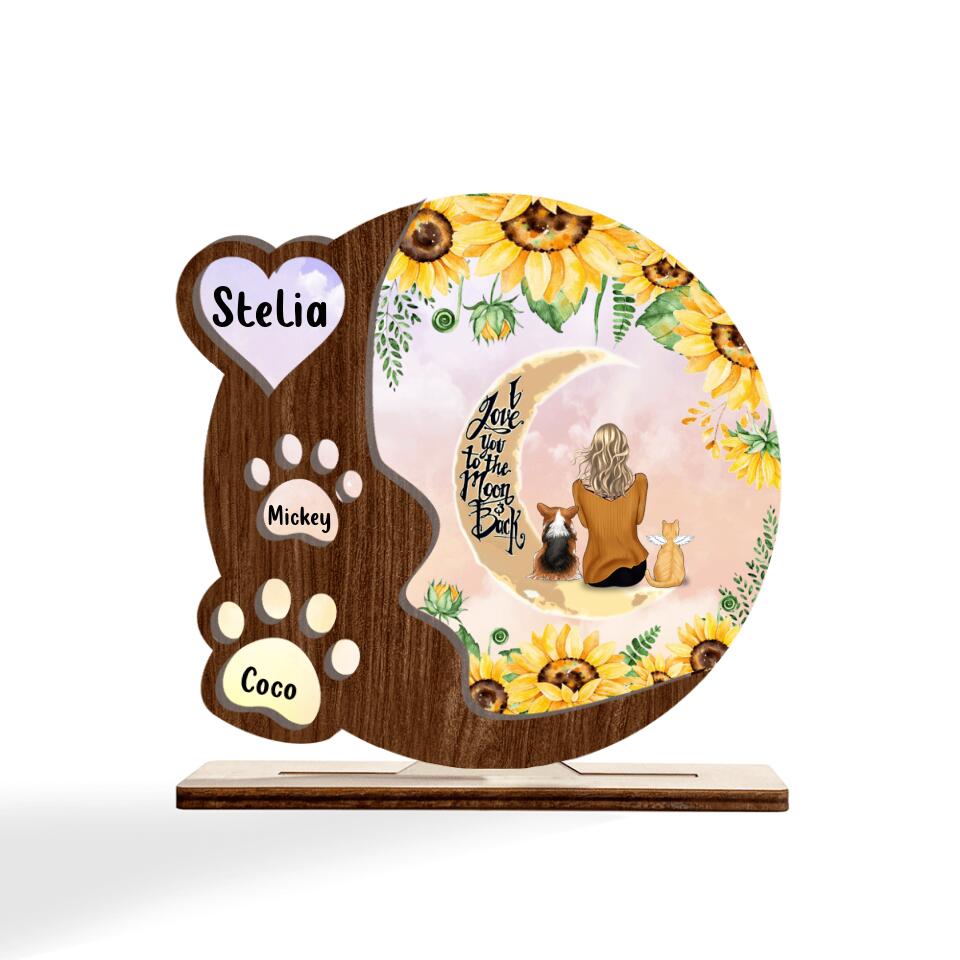 Personalized Pet Mom Sunflower Wooden Plaque With Up to 4 Pets - Gift Idea For Dog/Cat Lover - I Love You To The Moon And Back