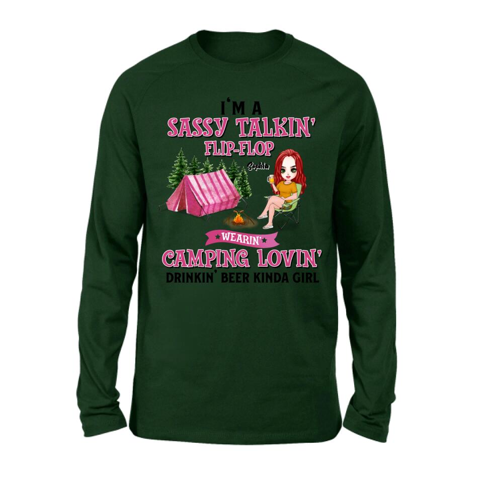 Personalized Camping Girl Shirt/Pullover Hoodie - Gift Idea For Camping Lovers - I'm A Sassy Talkin' Flip - Flop Camping Lovin' Drinkin' Beer Kinda Girl