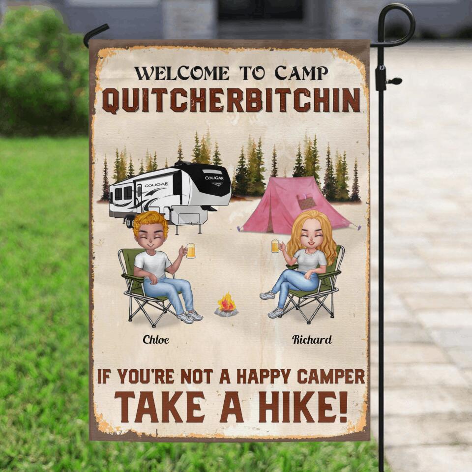 Personalized Welcome To Camp Quitcherbitchin Flag Sign - Gift Idea For Camping Lovers - Up To 6 People - If You're Not A Happy Camper Take A Hike!