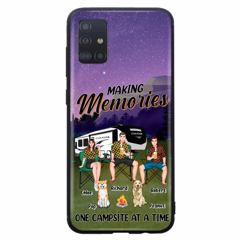 Custom Personalized Camping Phone Case - Gift Idea For Camping Lover/ Friends/ Couple - Upto 3 People And 2 Dogs - Making Memories One Campsite At A Time - Case For iPhone And Samsung