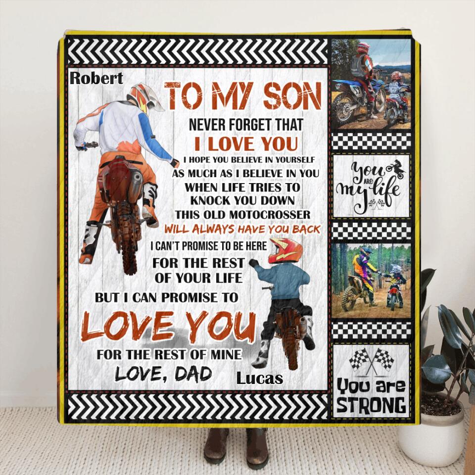 Personalized Father & Son Biker Fleece Throw Blanket/Quilt - Gift Idea For Bike Lovers - To My Son Never Forget That I Love You