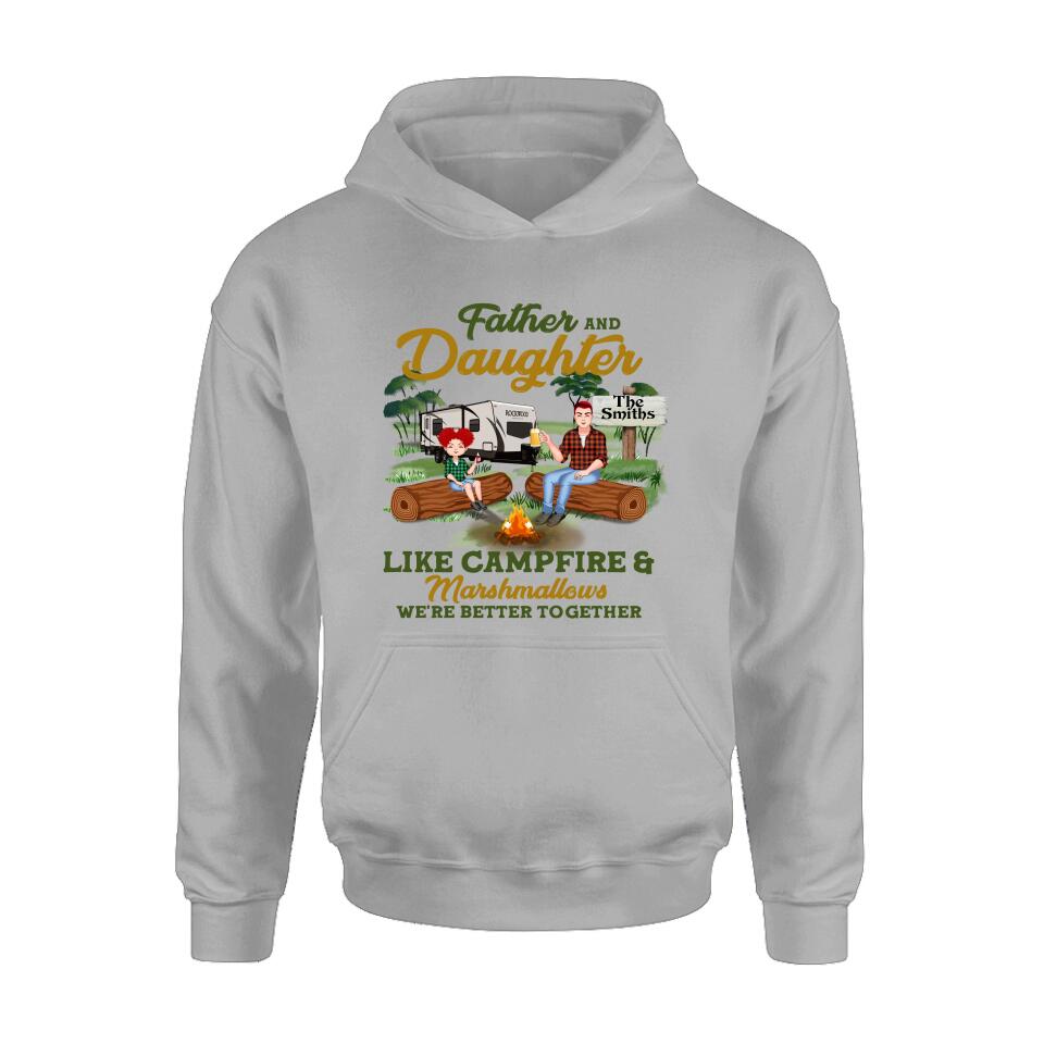 Personalized Camping Dad Shirt/Pullover Hoodie - Father's Day Gift For Camping Lover - Dad/Parents With Up to 2 Kids And 4 Dogs - Father And Daughter Like Campfire & Marshmallows