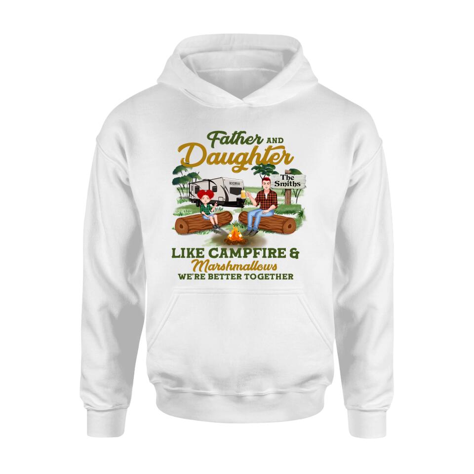 Personalized Camping Dad Shirt/Pullover Hoodie - Father's Day Gift For Camping Lover - Dad/Parents With Up to 2 Kids And 4 Dogs - Father And Daughter Like Campfire & Marshmallows