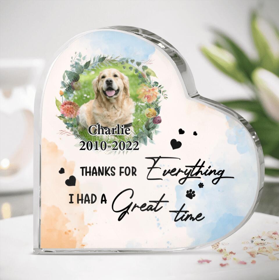 Personalized Memorial Dog Heart-Shaped Acrylic Plaque - Gift Idea For Dog Lover - Thanks For Everything