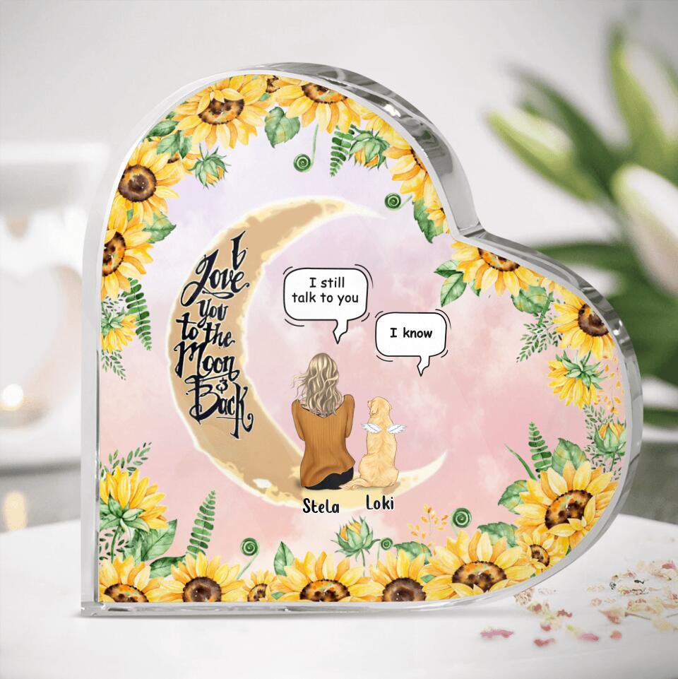Personalized Pet Mom Sunflower Heart-Shaped Acrylic Plaque - Gift Idea For Dog/Cat Lover - Up to 5 Pets - I Love You To The Moon And Back