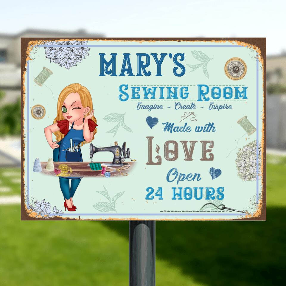 Personalized Sewing Metal Sign - Gift Idea For Sewing Lover - Sewing Room, Imagine, Create, Inspire, Made With Love Open 24 Hours