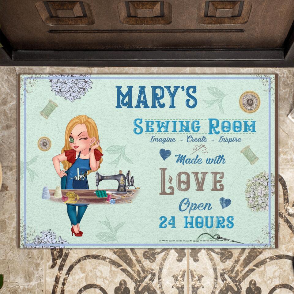 Personalized Sewing Doormat - Gift Idea For Sewing Lover - Sewing Room, Imagine, Create, Inspire, Made With Love Open 24 Hours