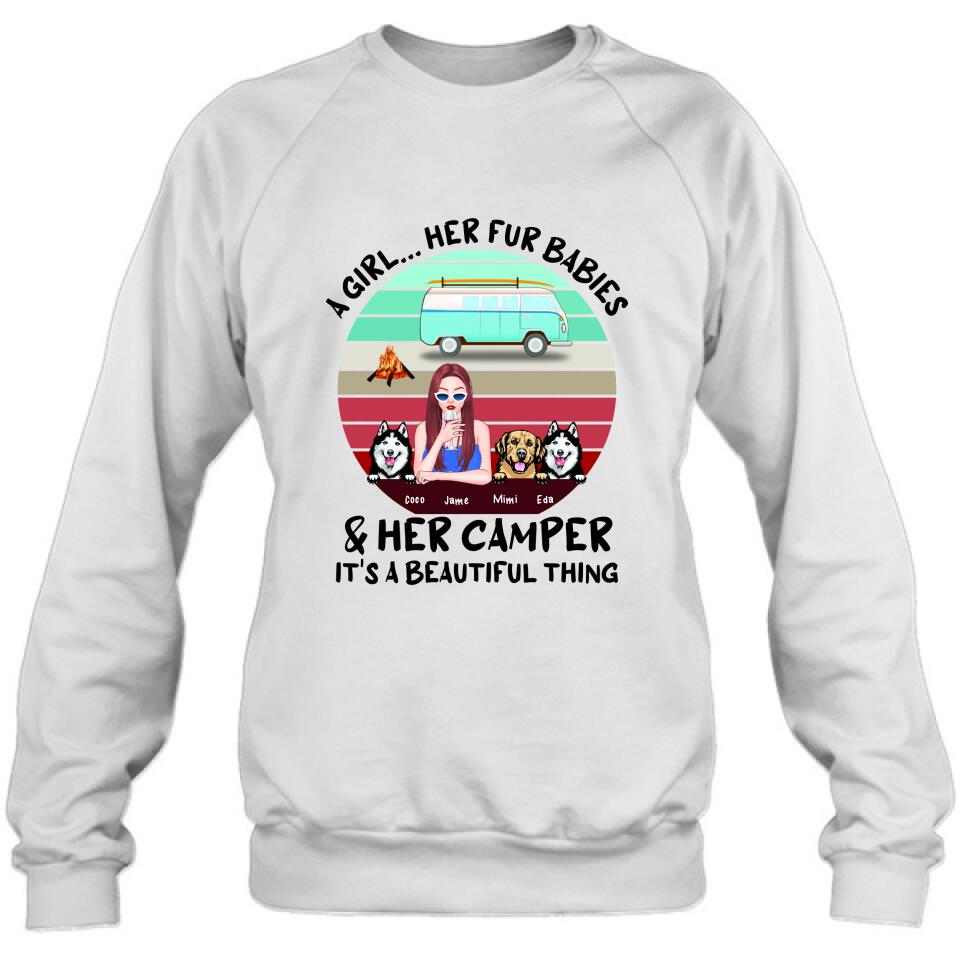 Personalized Camping Shirt - Women With  Up to 3 Dogs - Best Gift For Dog Lover - A Girl Her Fur Babies Her Dogs And Her Camper It's A Beautiful Thing