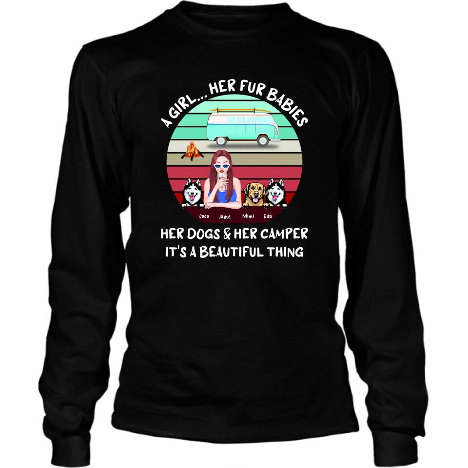 Personalized Camping Black T-Shirt - Women With Up to 3 Dogs - Best Gift For Dog Lover - A Girl Her Fur Babies Her Dogs And Her Camper It's A Beautiful Thing