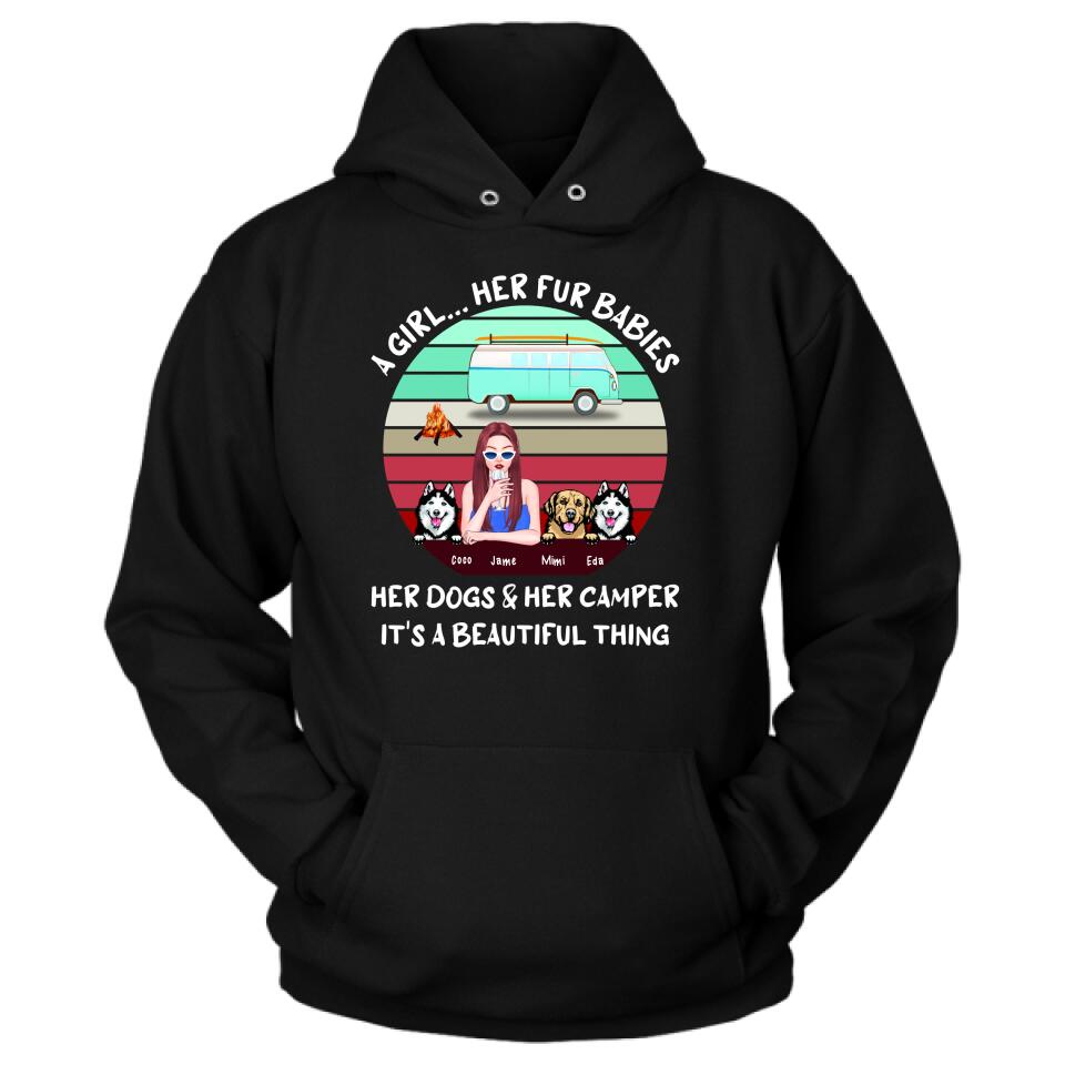 Personalized Camping Black T-Shirt - Women With Up to 3 Dogs - Best Gift For Dog Lover - A Girl Her Fur Babies Her Dogs And Her Camper It's A Beautiful Thing