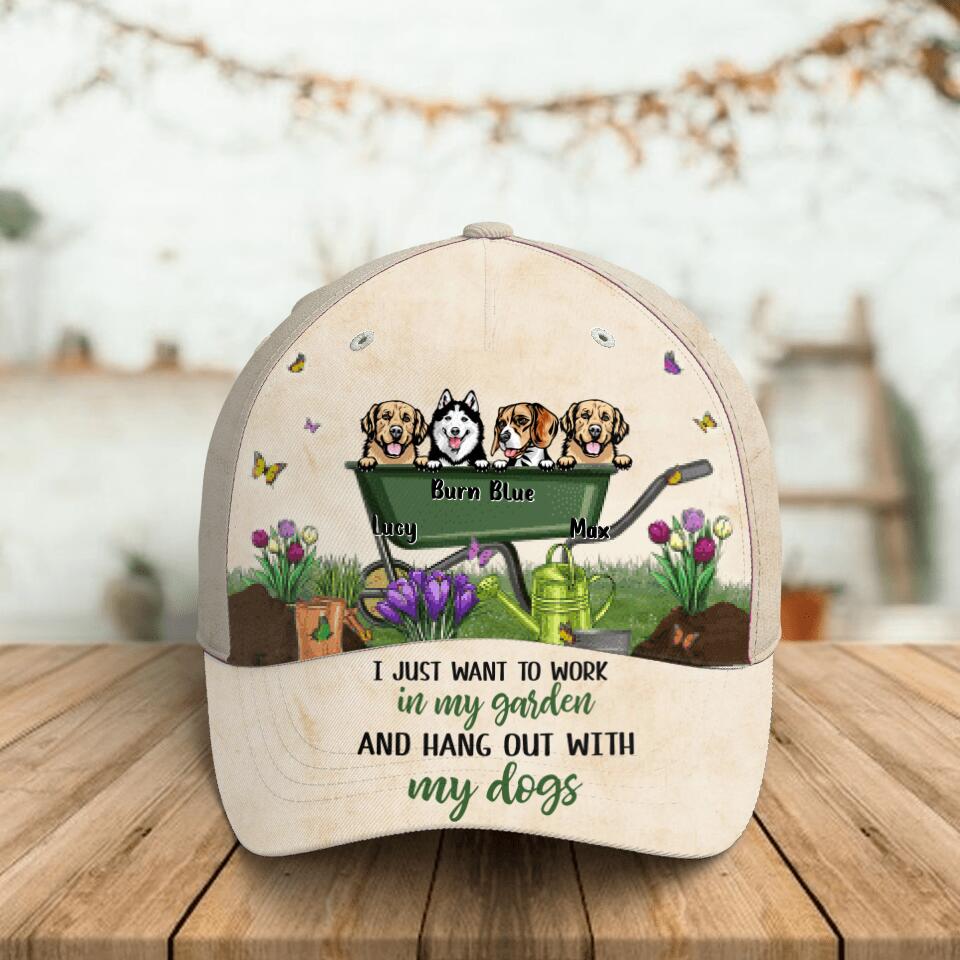 Personalized Front Pet Baseball Cap - Gift Idea For Dog Lover/Cat Lover with up to 4 Pets - I Just Want To Work In My Garden And Hang Out With My Dogs