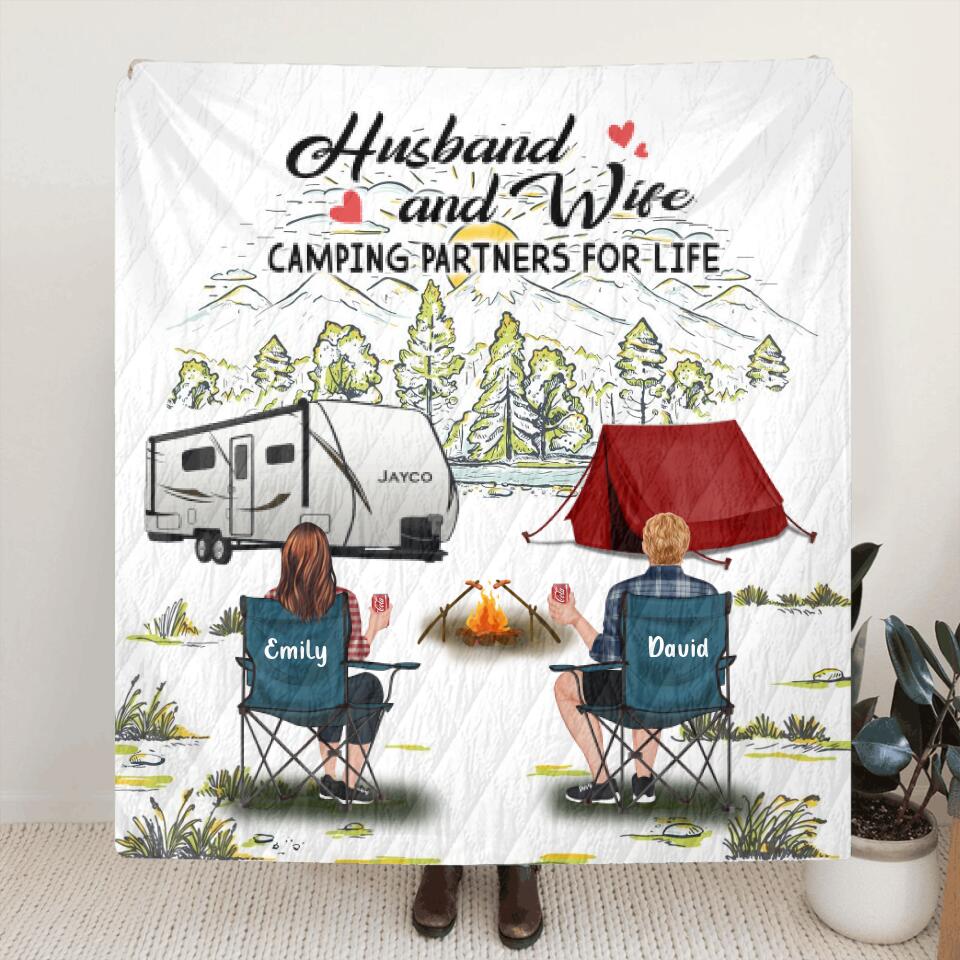 Personalized Camping Quilt/Fleece Throw Blanket - Gift Idea For Camping Lovers/Couple With Up To 4 Dogs - Husband And Wife Camping Partners For Life