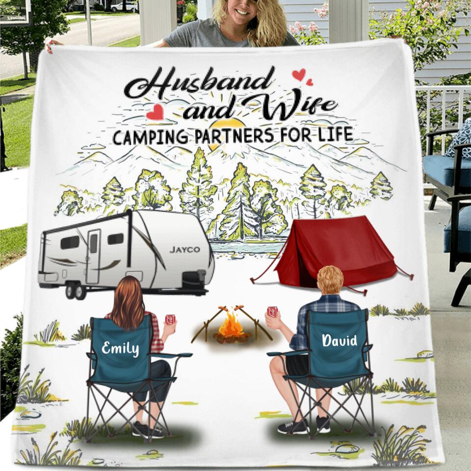 Personalized Camping Quilt/Fleece Throw Blanket - Gift Idea For Camping Lovers/Couple With Up To 4 Dogs - Husband And Wife Camping Partners For Life