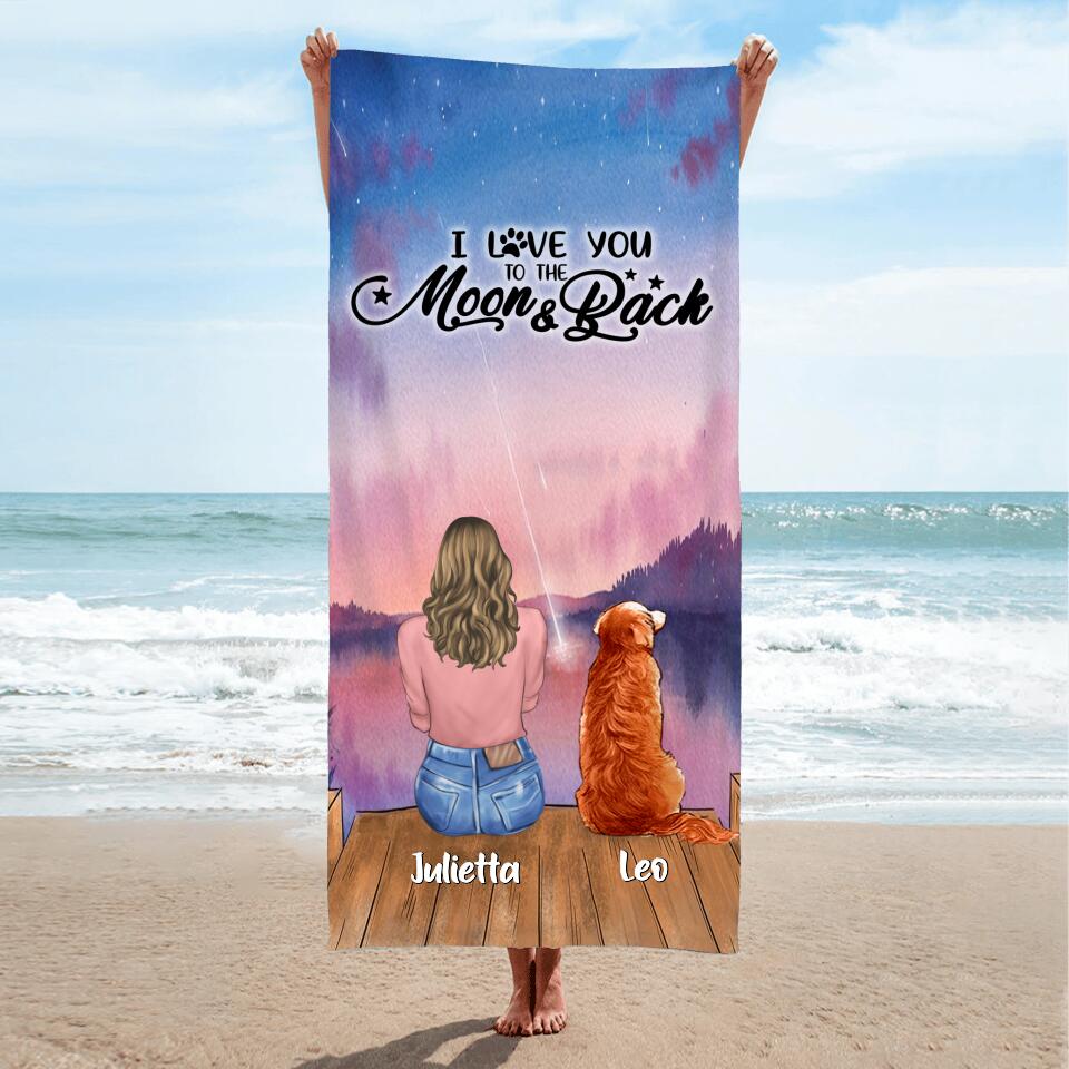Personalized Dog Mom/Dog Dad Beach Towel - Gift Idea For Dog Lover with up to 6 Dogs - I Love You To The Moon & Back