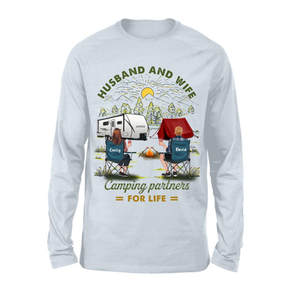 Personalized Camping Shirt/Hoodie - Gift Idea For Camping Lovers/Couple With Up To 4 Dogs - Husband And Wife Camping Partners For Life