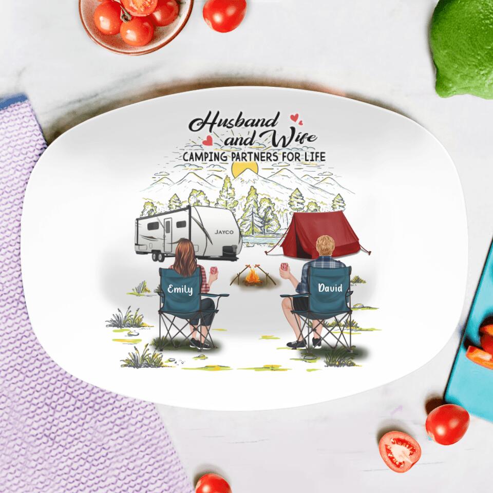 Personalized Camping Serving Platter - Gift Idea For Camping Lovers/Couple With Up To 4 Dogs - Husband And Wife Camping Partners For Life