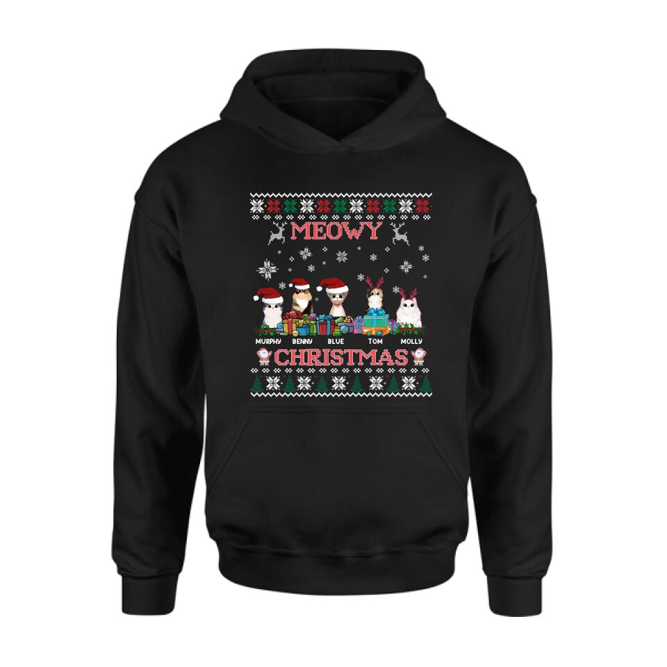 Personalized Cat Sweatshirt - Up to 5 Cats - Best Gift For Cat Lover - Meowy Christmas