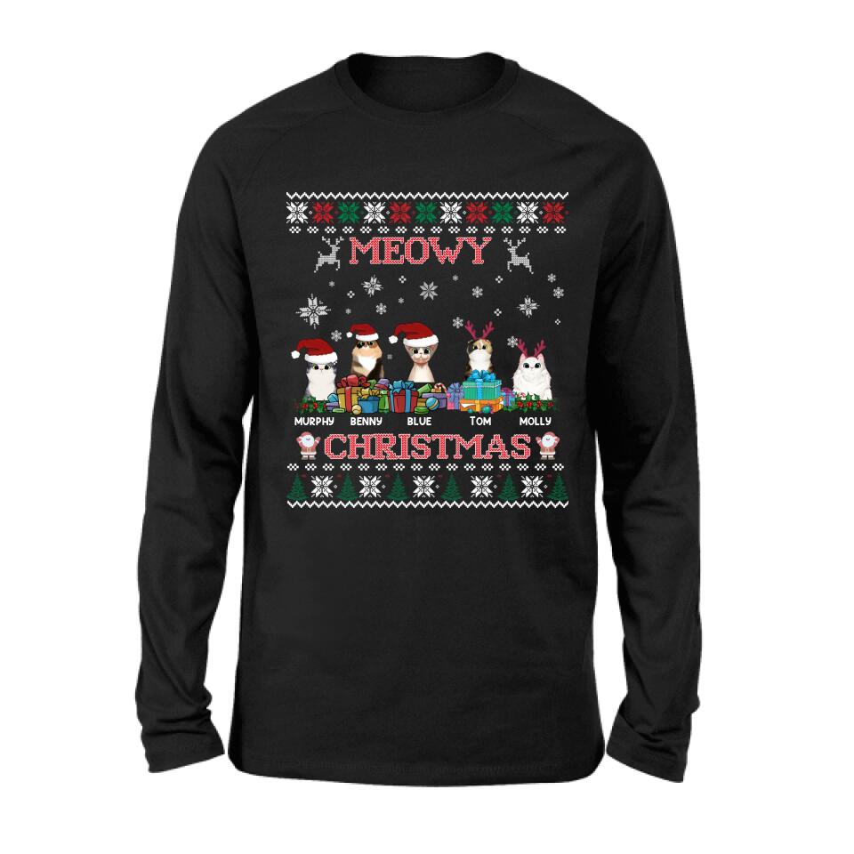 Personalized Cat Sweatshirt - Up to 5 Cats - Best Gift For Cat Lover - Meowy Christmas