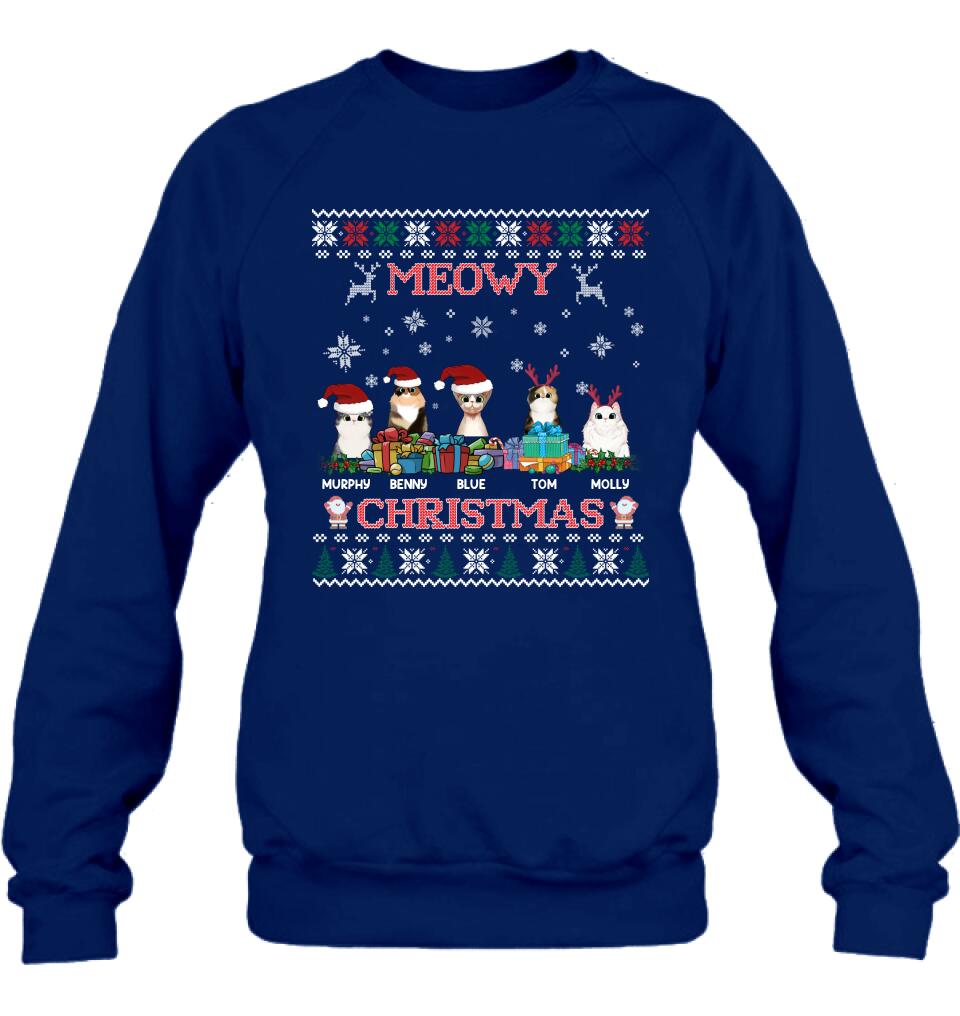 Personalized Cat Sweatshirt - Up to 5 Cats - Best Gift For Cat Lover - Meowy Christmas
