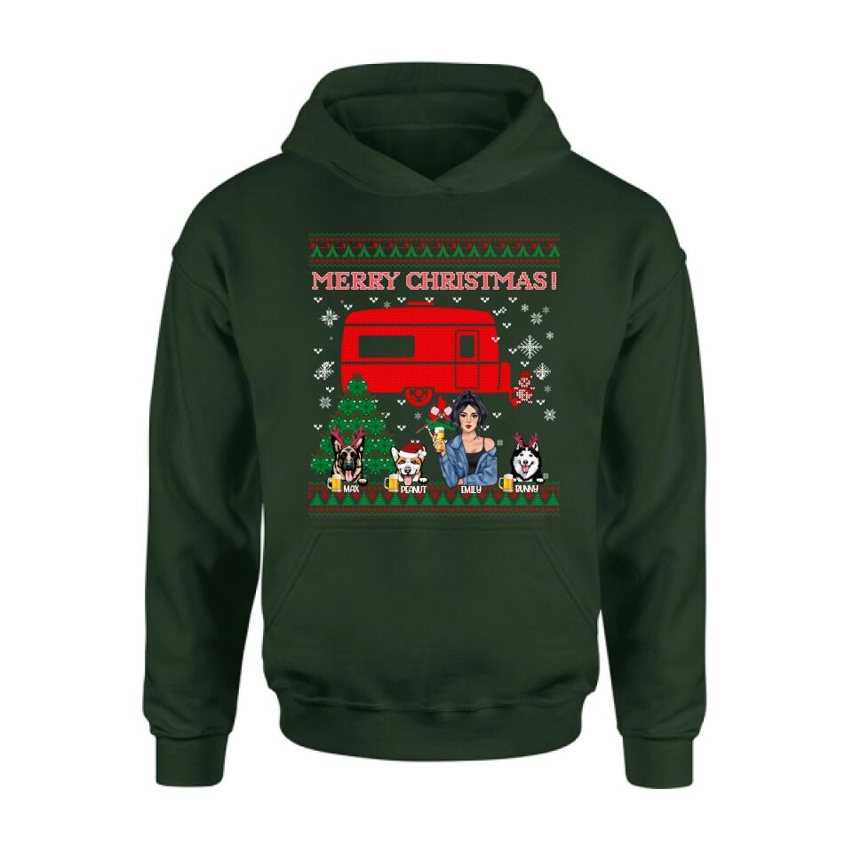 Personalized Dog Mom Camping Sweatshirt - Up to 3 Dogs - Merry Christmas
