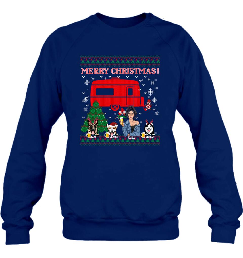 Personalized Dog Mom Camping Sweatshirt - Up to 3 Dogs - Merry Christmas