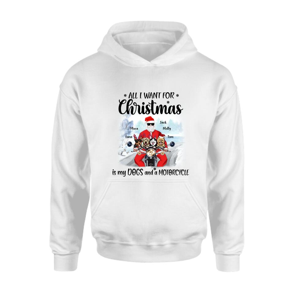 Personalized Christmas Biker With Dogs Shirt - Up to 4 Dogs - Christmas Gift For Dog Lover - All I Want For Christmas Is My Dogs And A Motorcycle