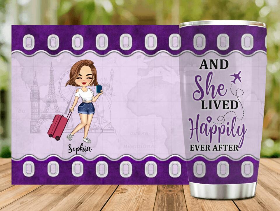 Personalized Traveling Girl Tumbler - Gift For Girl/Traveling Lovers - And She Lived Happily Ever After