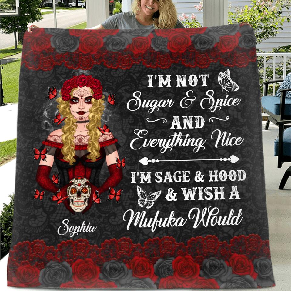 Personalized Sugar Skull Fleece Blanket/Quilt - Skull Gift For Girl - I'm Not Sugar & Spice
