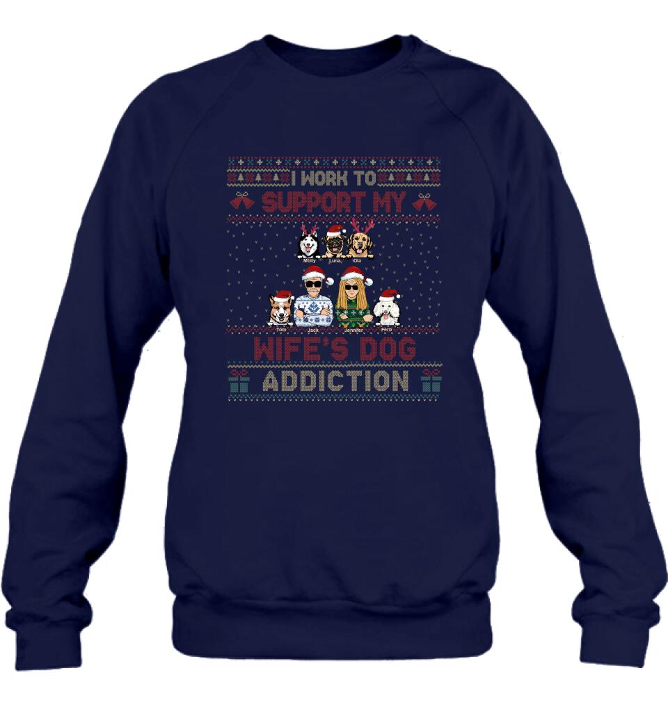 Personalized Xmas Couple Dog Shirt - Up to 5 Dogs - Gift For Dog Lovers/Couple - I Work To Support My Wife's Dog Addiction