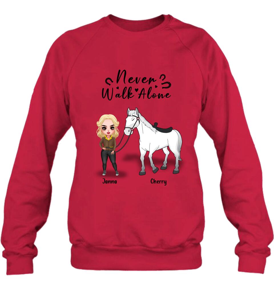 Personalized Horse Girl Chibi Hoodie/Sweatshirt/T-shirt/Long Sleeve - Gift For Horse Lovers with up to 2 Horses - Never Walk Alone