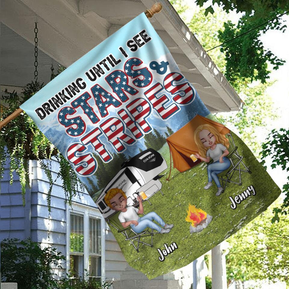 Personalized Camping Friends Flag - Up to 7 People - Gift Idea For Camping Lover/Friends - Drinking Until I See Stars And Stripes