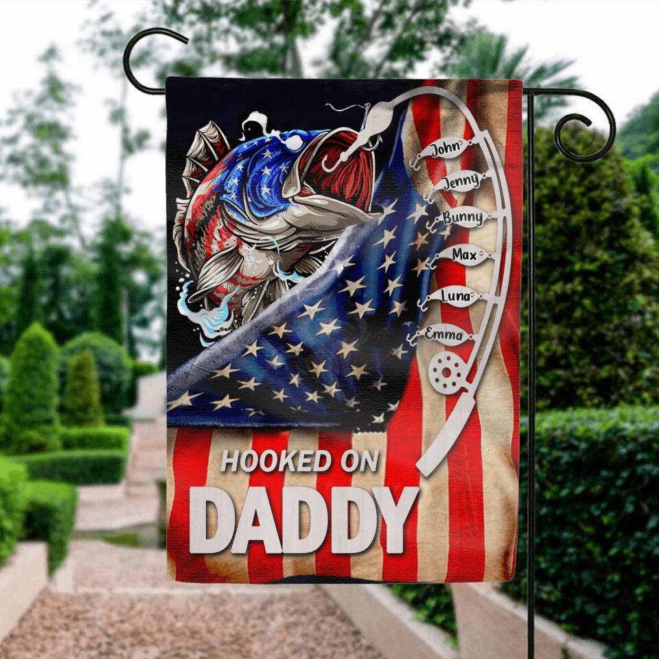 Personalized Hooked On Flag - Up to 6 Names - Gift Idea For Independence Day/Father's Day - Hooked On Daddy