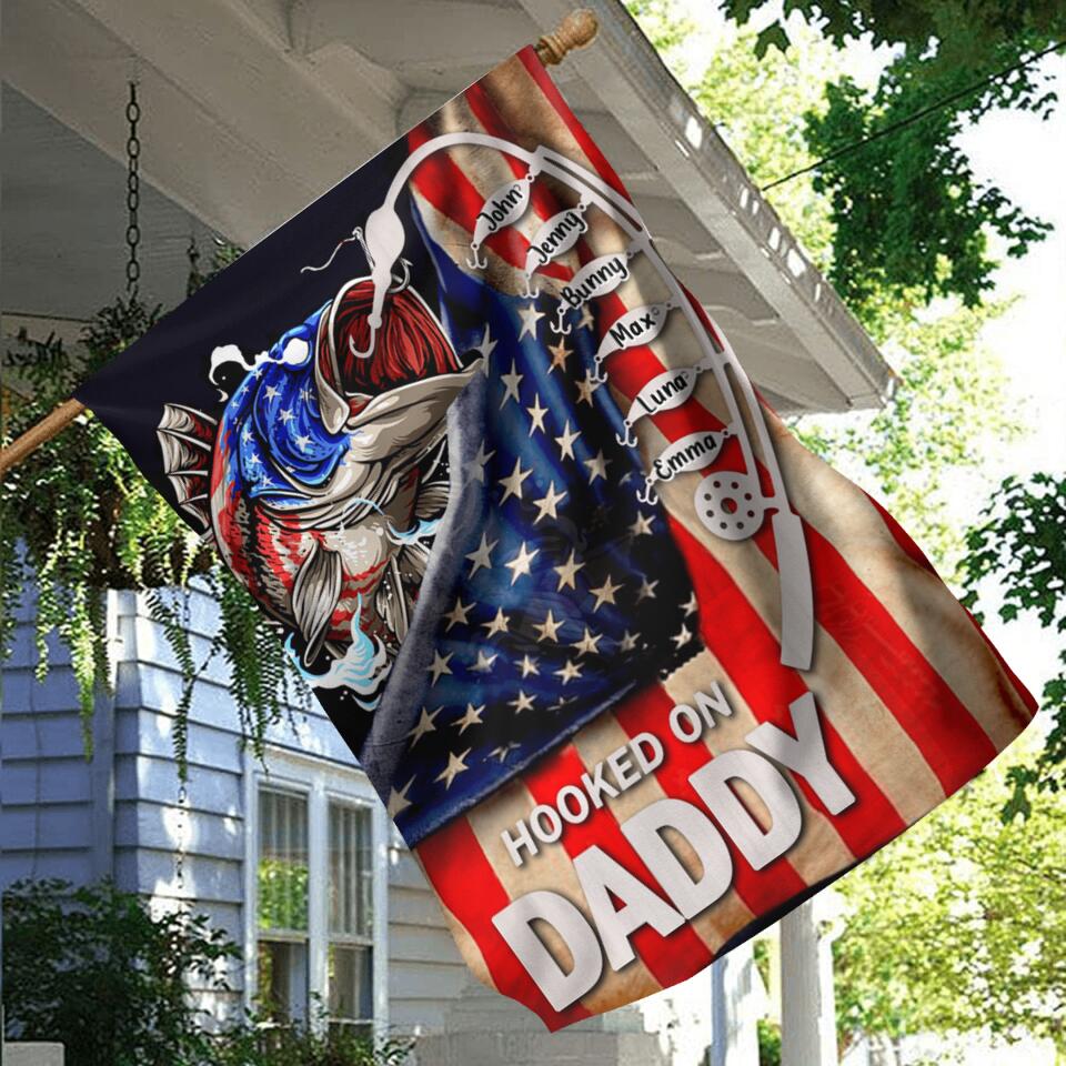 Personalized Hooked On Flag - Up to 6 Names - Gift Idea For Independence Day/Father's Day - Hooked On Daddy