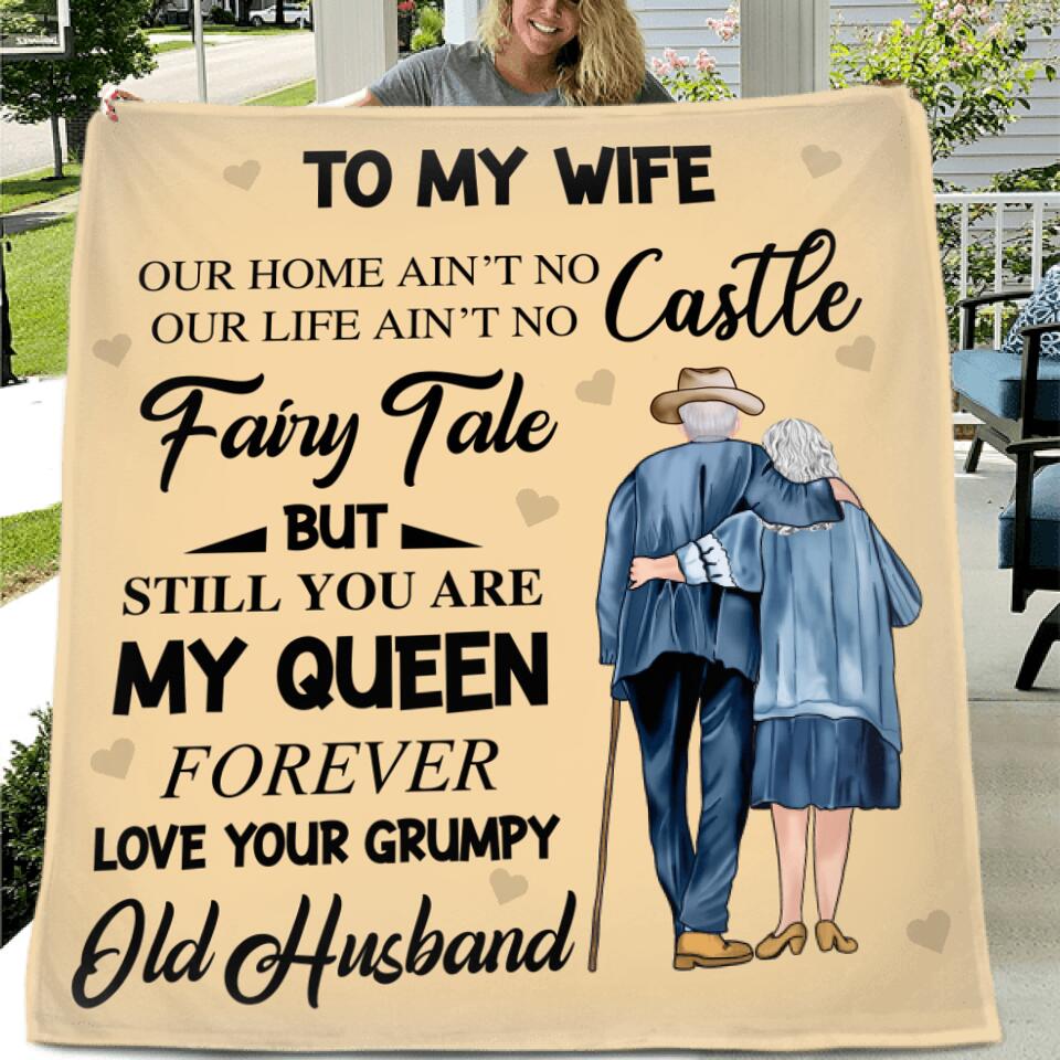 Personalized Old Couple Quilt/Fleece Throw Blanket/Pillow Cover - Gift Idea For Father's Day/Old Couple - To My Wife, You Are My Queen