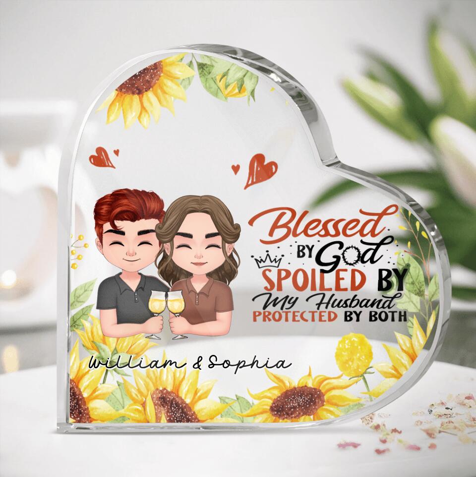 Personalized Chibi Couple Acrylic Plaque - Gift Idea For Couple - Blessed By God, Spoiled By My Husband, Protected By Both