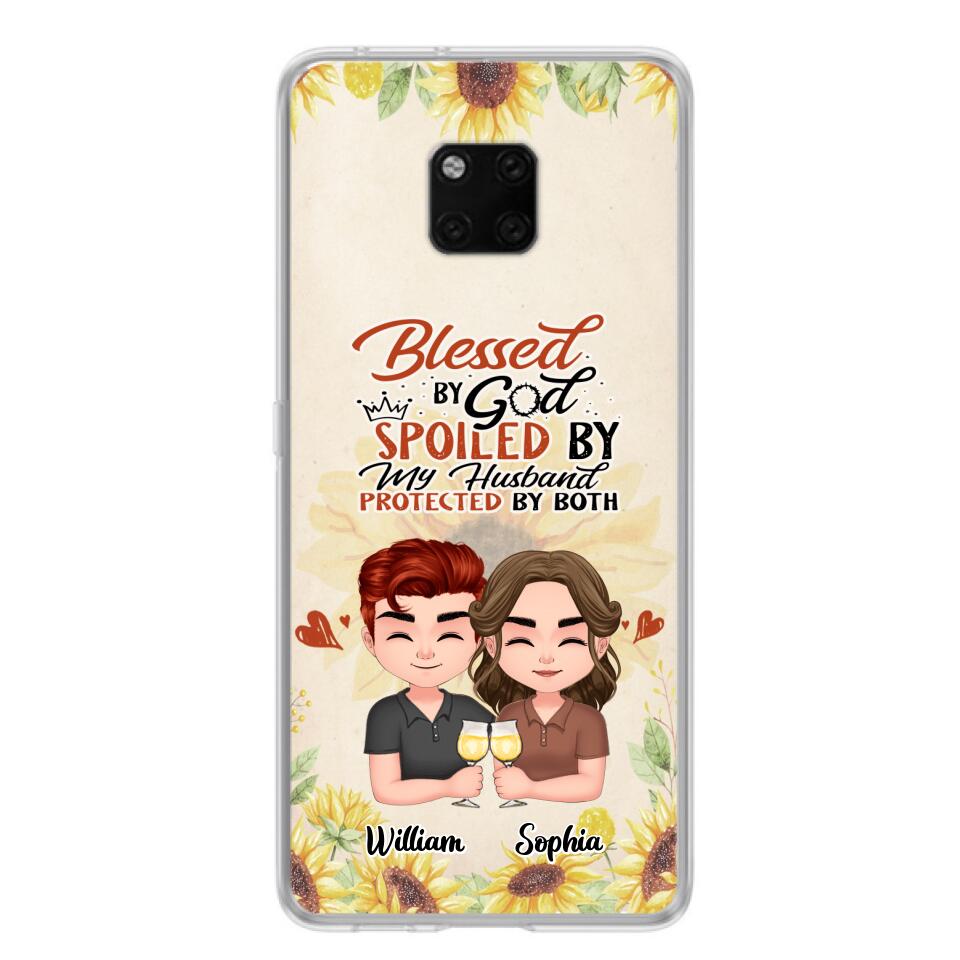 Custom Personalized Chibi Couple Phone Case - Gift Idea For Couple - Blessed By God, Spoiled By My Husband, Protected By Both - Cases For Oppo, Xiaomi & Huawei