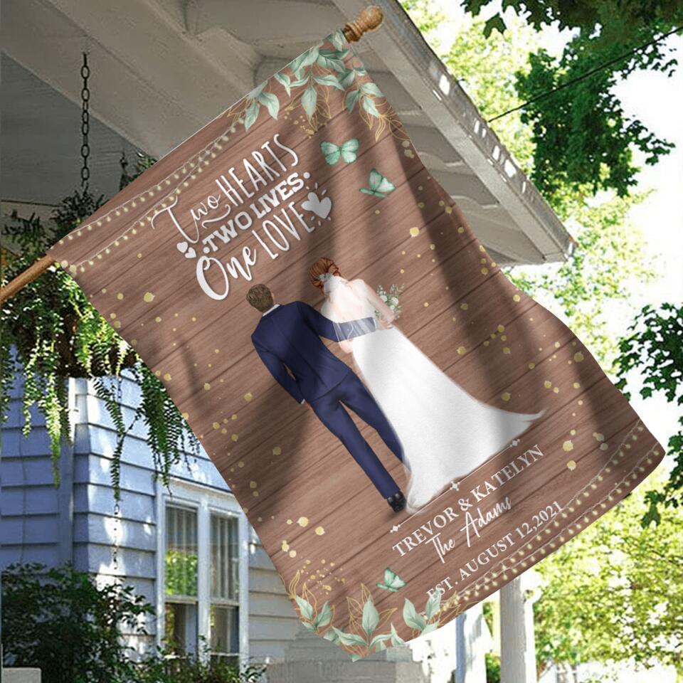Personalized Couple Wedding Flag Sign - Gift Idea For Couple/Wedding/Wedding Anniversary - Two Hearts, Two Lives, One Love