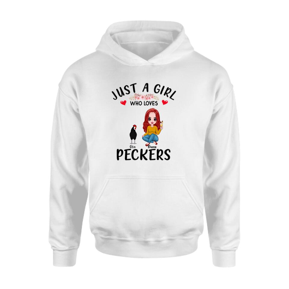 Personalized Chickens T-Shirt - Up to 4 Chickens - Just A Girl Who Loves Peckers