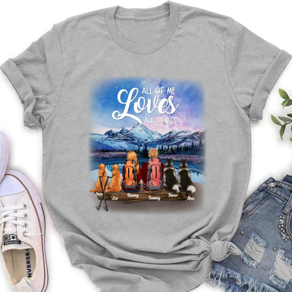 Personalized Camping T-shirt/Long Sleeve - Gift for Couples, Camping Lovers, Dog Lovers - Camping Couple and Dogs - Up to 4 Dogs - All of me loves all of you