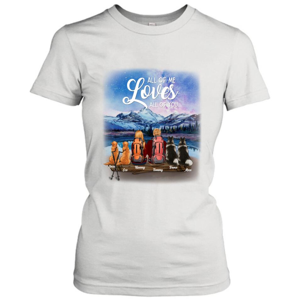 Personalized Camping T-shirt/Long Sleeve - Gift for Couples, Camping Lovers, Dog Lovers - Camping Couple and Dogs - Up to 4 Dogs - All of me loves all of you