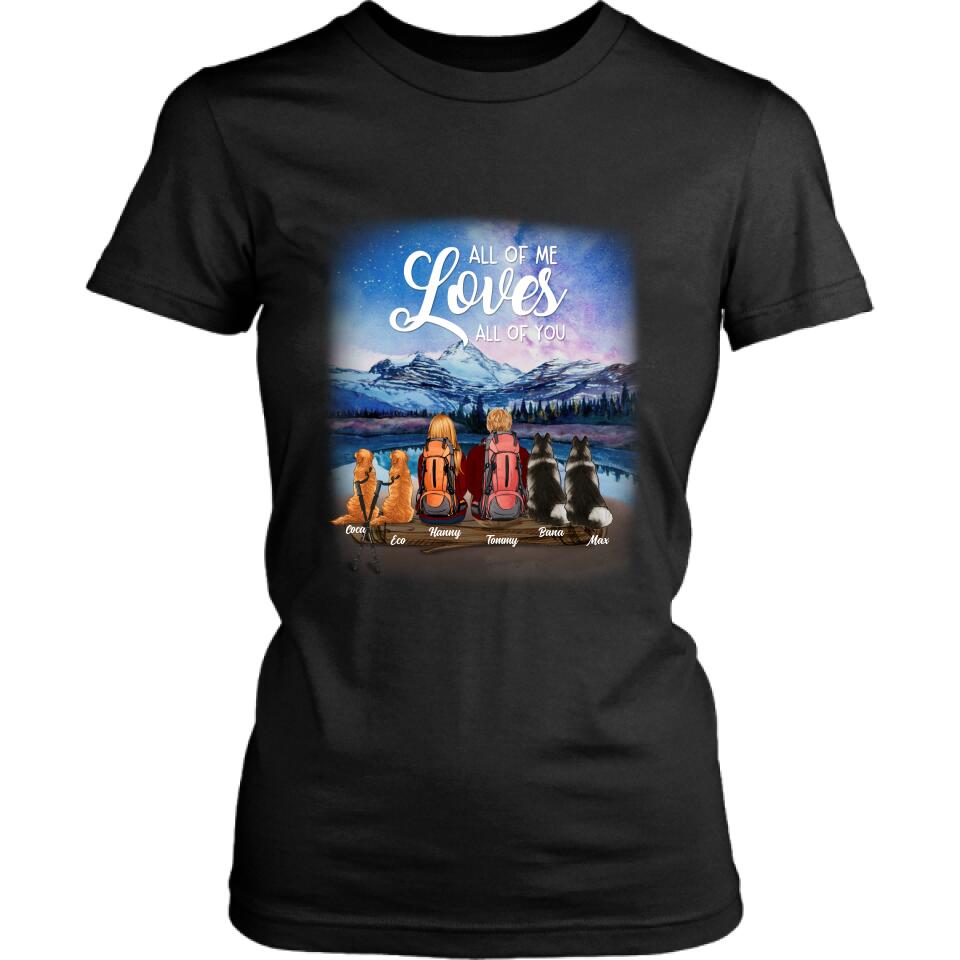 Personalized Camping T-shirt/Long Sleeve - Gift for Couples, Camping Lovers, Dog Lovers - Camping Couple and Dogs - Up to 4 Dogs - All of me loves all of you