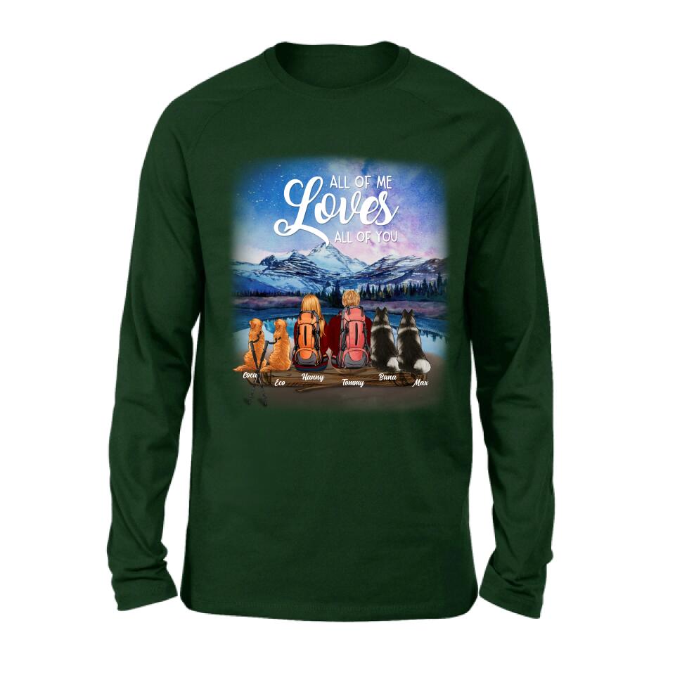 Personalized Camping T-shirt/Long Sleeve - Gift for Couples, Camping Lovers, Dog Lovers - Camping Couple and Dogs - Up to 4 Dogs - All of me loves all of you